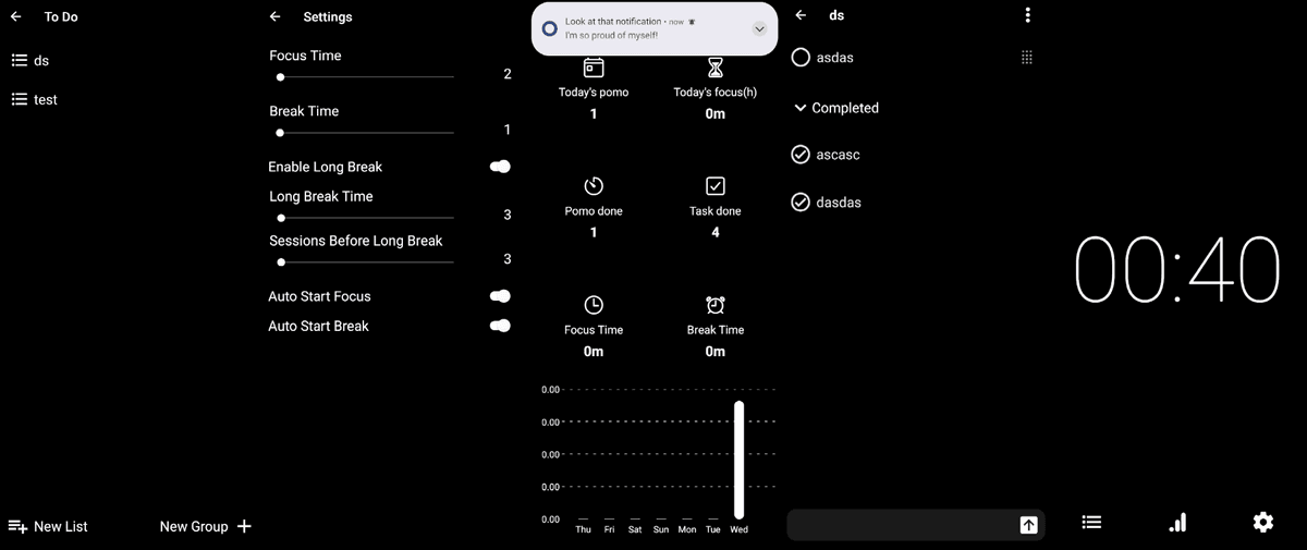 A minimalist productivity mobile app built with Expo + React Native. Features a Pomodoro timer, task lists grouped under categories, and a statistics dashboard to visualize completed sessions.